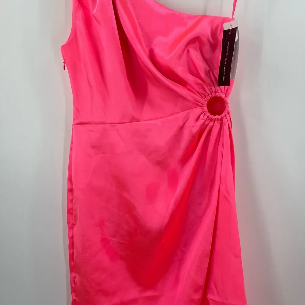 FRENCH CONNECTION Dress Size 6 Adaline Satin One Shoulder Midi Neon Pink NWT
